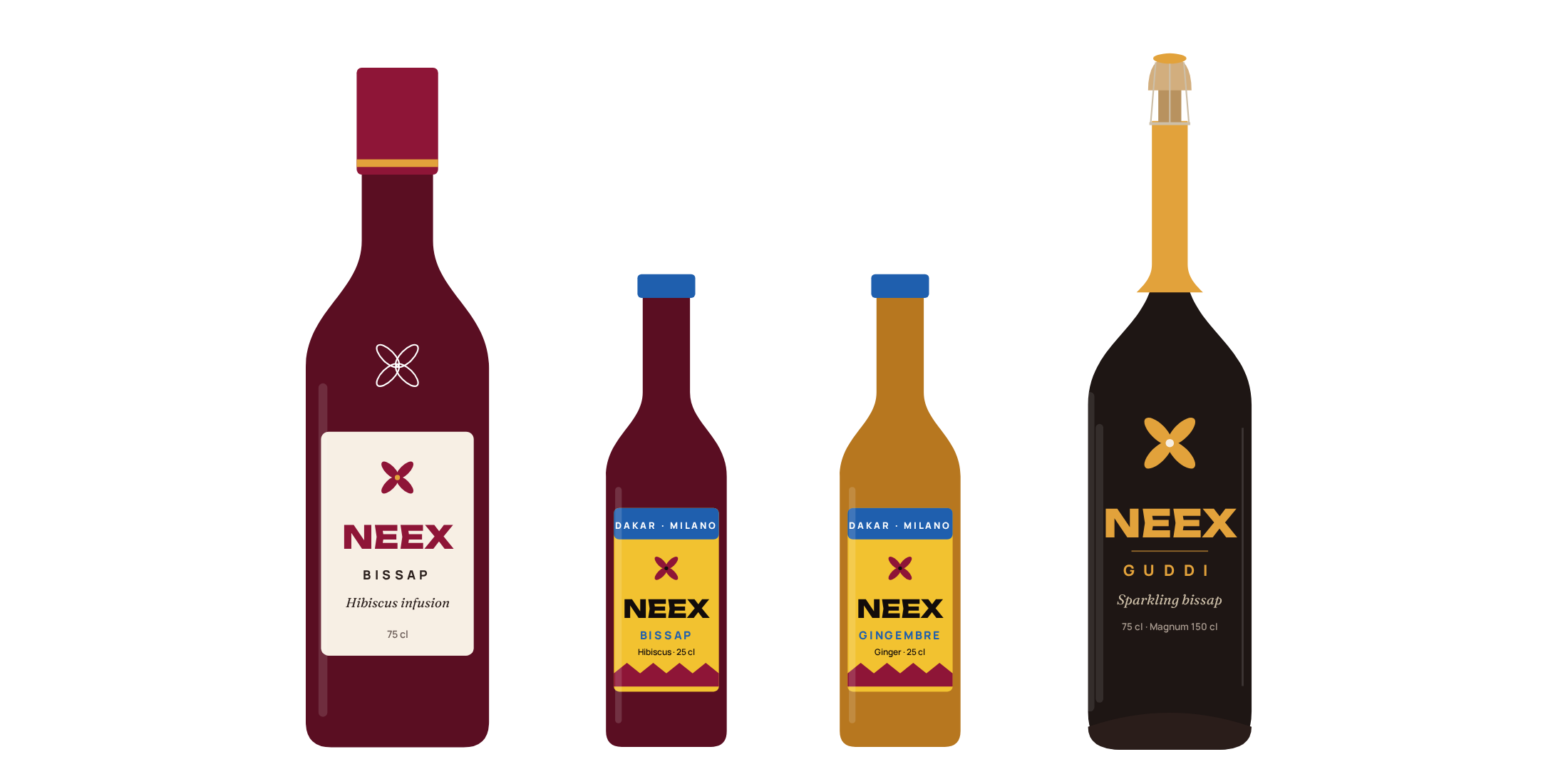 The NEEX range: Bissap 75cl, Bissap and Gingembre 25cl, Guddi sparkling